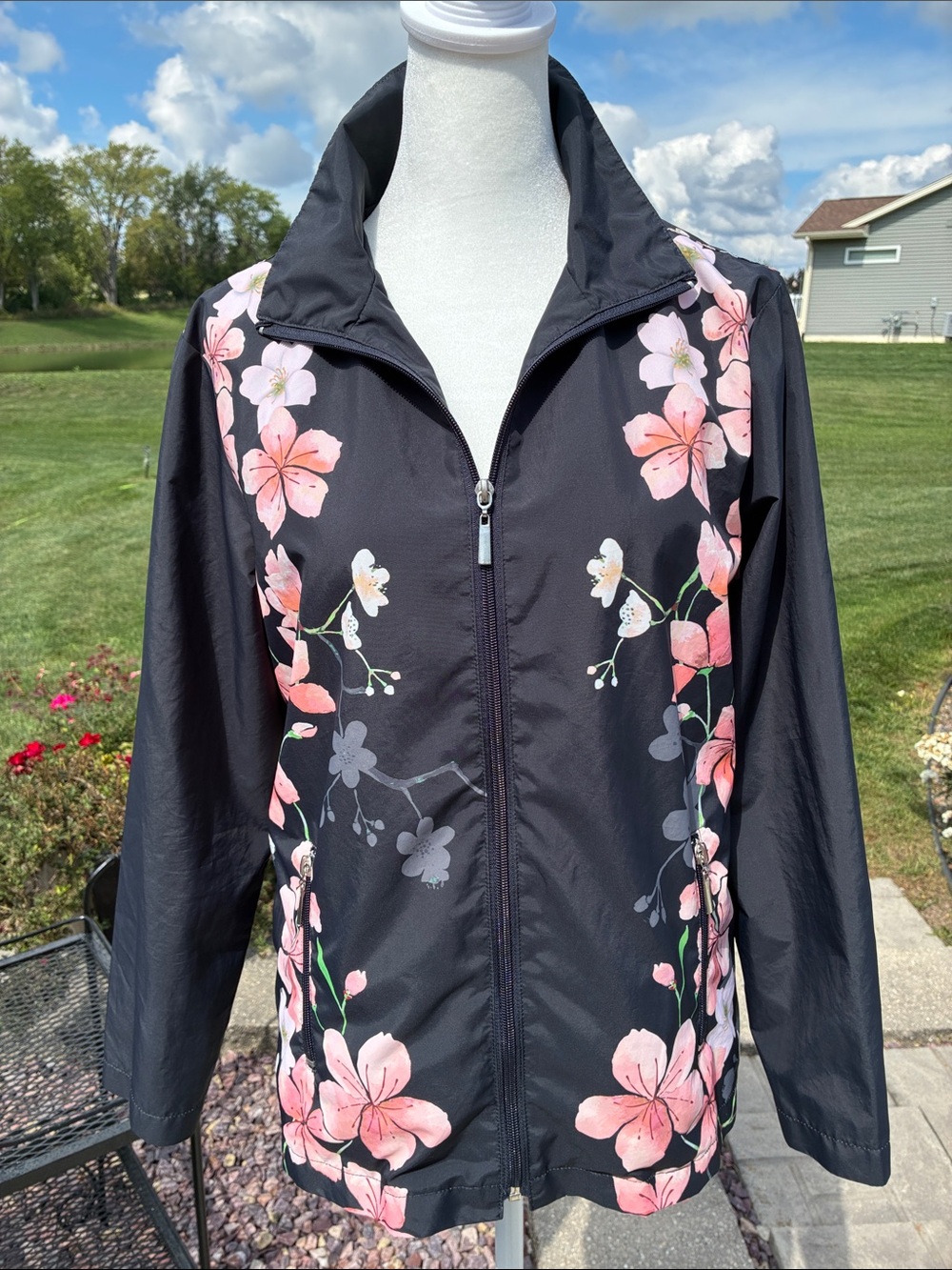 D&D Lifestyle Women’s Navy Floral Zip Jacket with Pink Blossom Print MP
